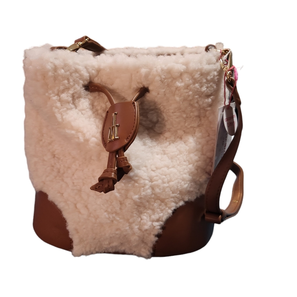 Isaac Mizrahi Balck Sherpa Fuzzy Faux Leather Hobo Shoulder Bag Purse Drawstring